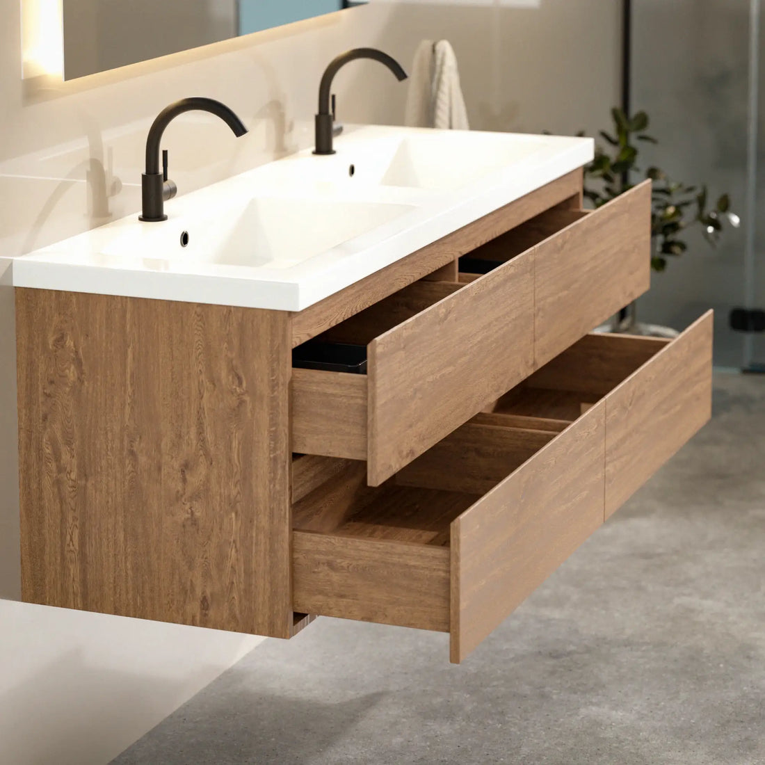 Badezimmermöbel Arato - 140cm - 2 Warm Eiche- Warm Eiche - Waschbecken Weiß