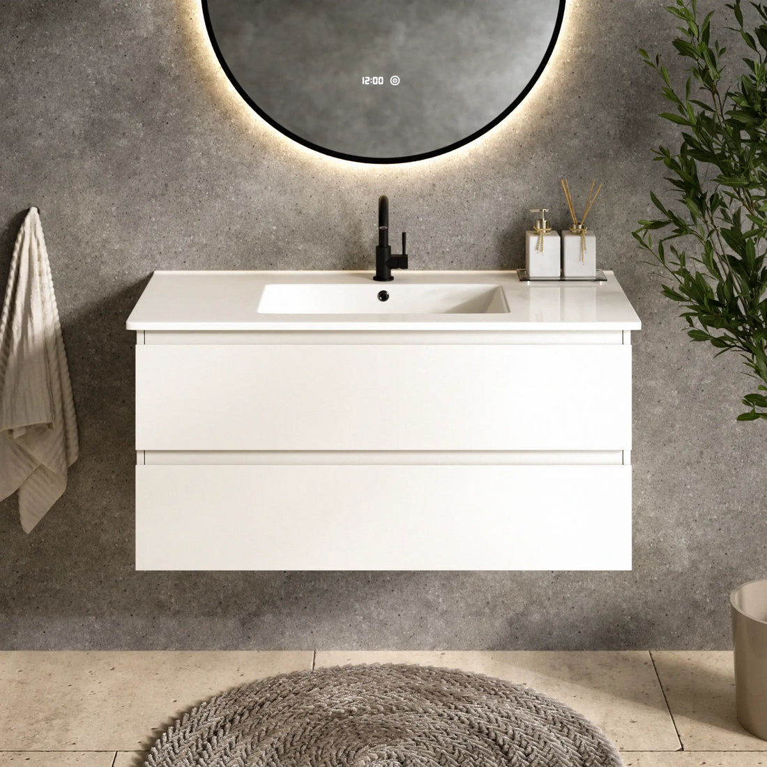 Badezimmermöbel Varo - 100 cm - Weiß - Weißes Waschbecken