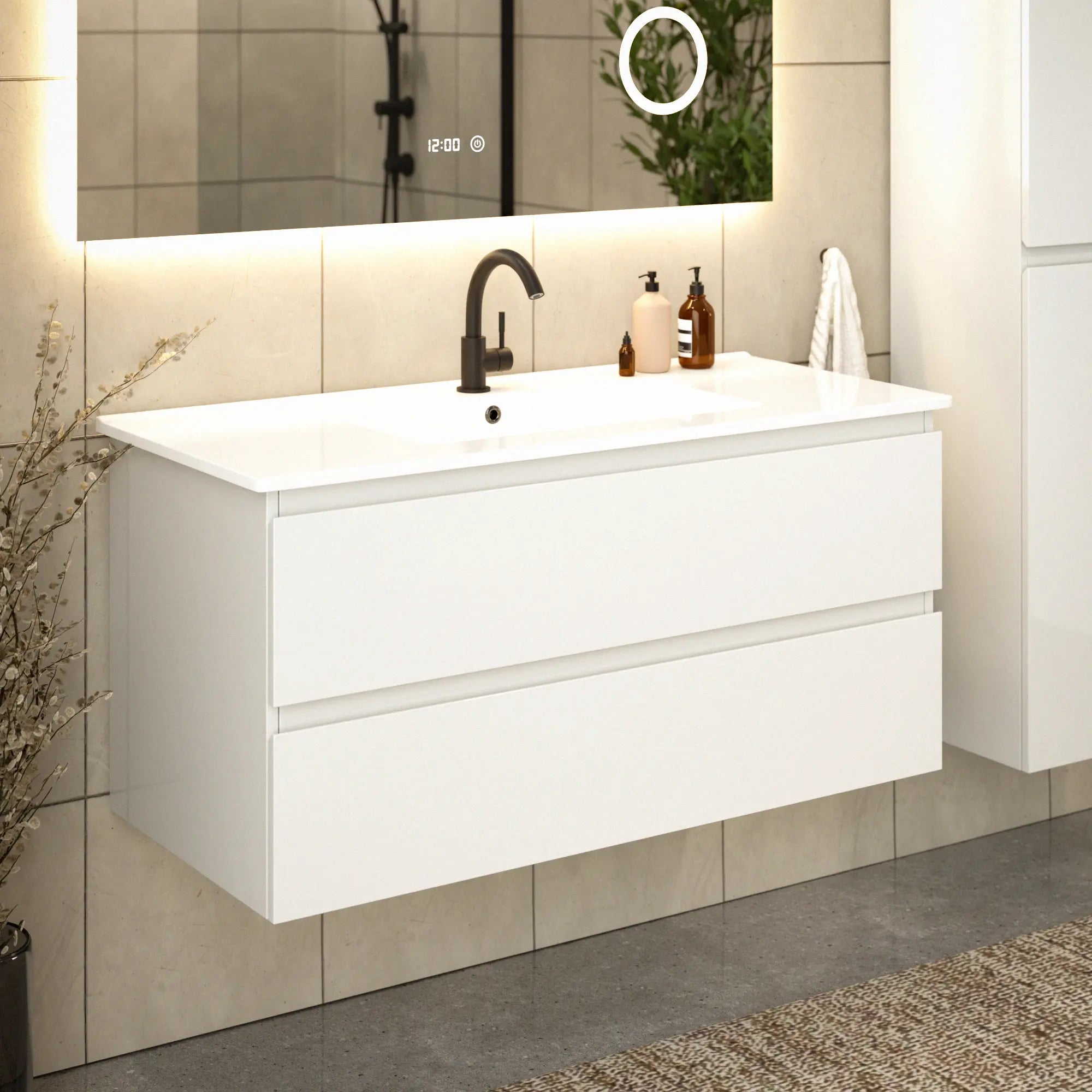 Badezimmermöbel Varo - 100 cm - Weiß - Weißes Waschbecken - VORBESTELLUNG - Vorbestellen