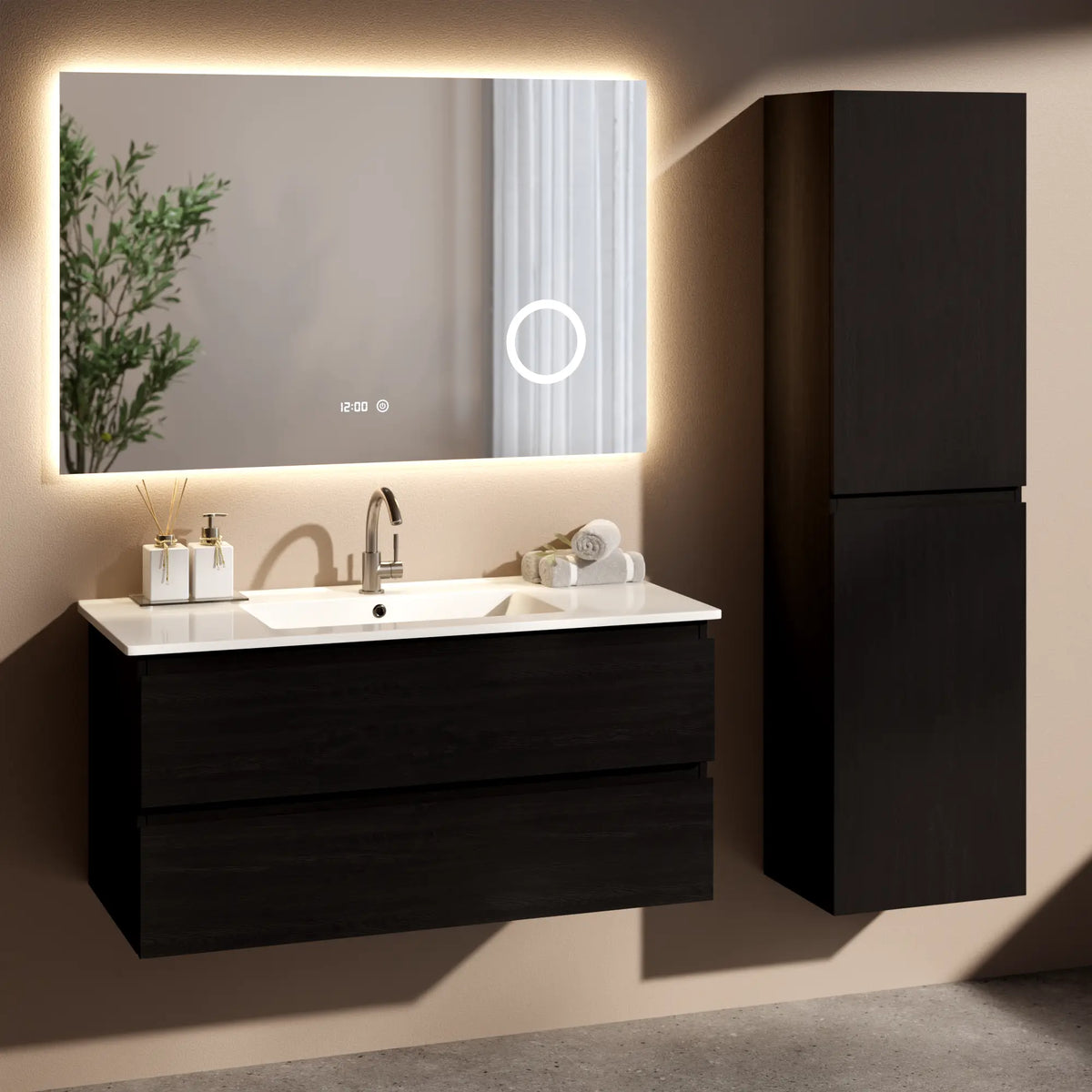 Badezimmermöbel Varo - 100 cm - Schwarz Eiche - Weißes Waschbecken