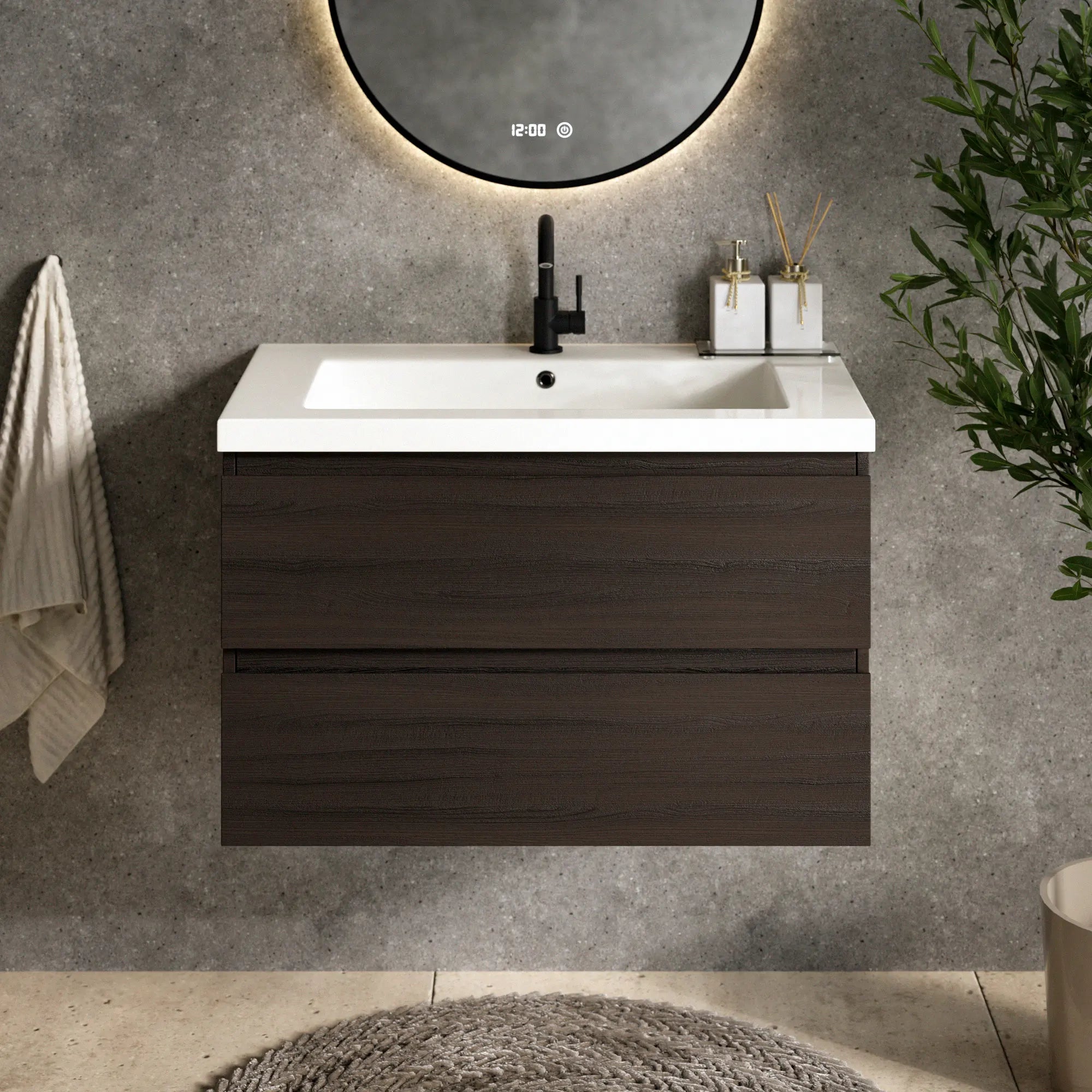 Badezimmermöbel Sova - 80cm - Walnuss - Waschbecken Weiß