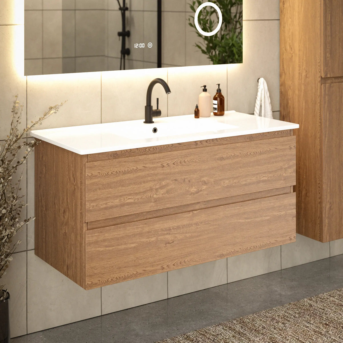 Badezimmermöbel Varo - 100 cm - Warm Eiche - Weißes Waschbecken