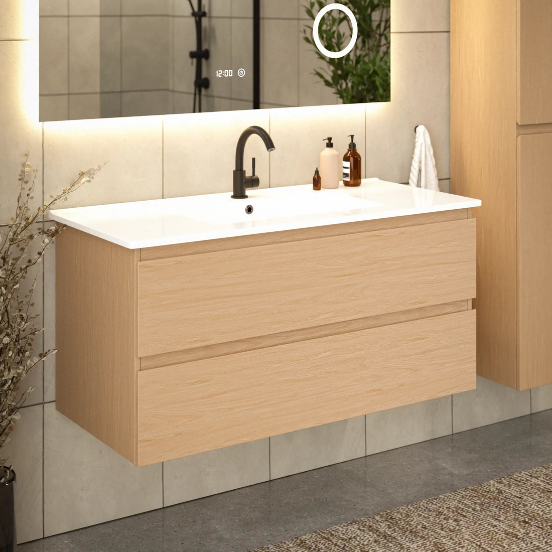 Badezimmermöbel Varo - 100 cm - Helle Eiche - Weißes Waschbecken