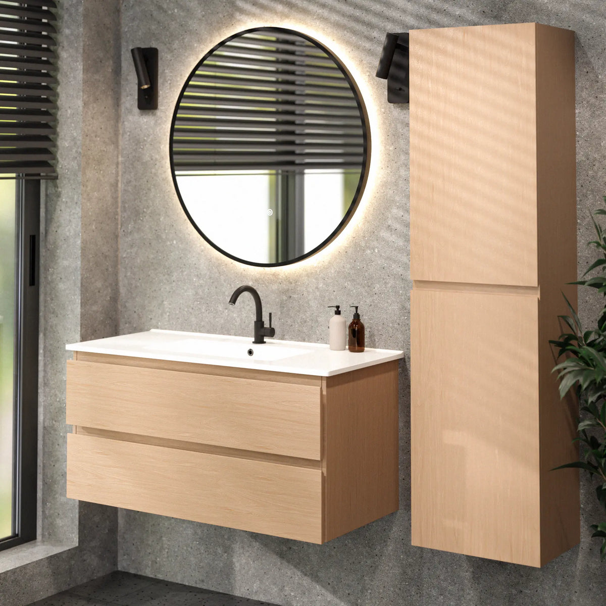 Badezimmermöbel Varo - 100 cm - Helle Eiche - Weißes Waschbecken