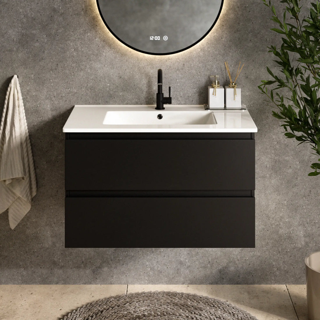 Badezimmermöbel Luma - 80 cm - Schwarz - Weißes Waschbecken