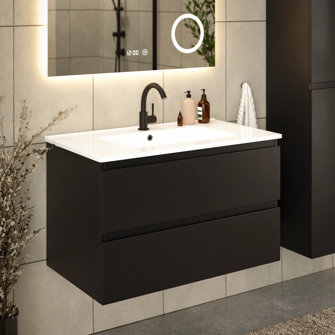 Badezimmermöbel Luma - 80 cm - Schwarz - Weißes Waschbecken