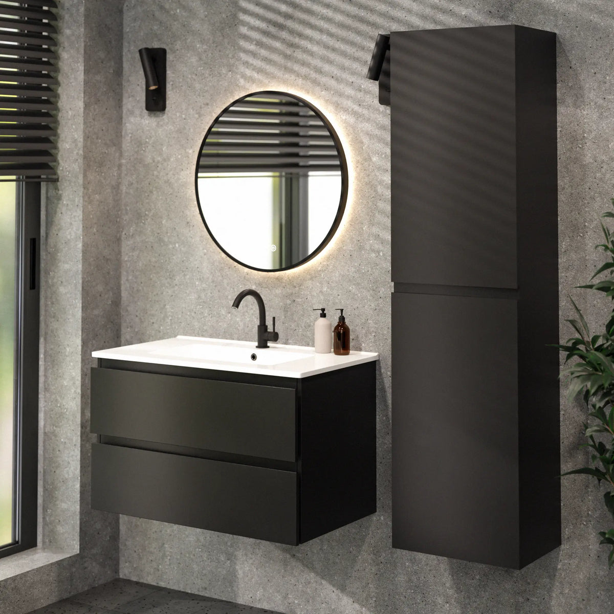 Badezimmermöbel Luma - 80 cm - Schwarz - Weißes Waschbecken