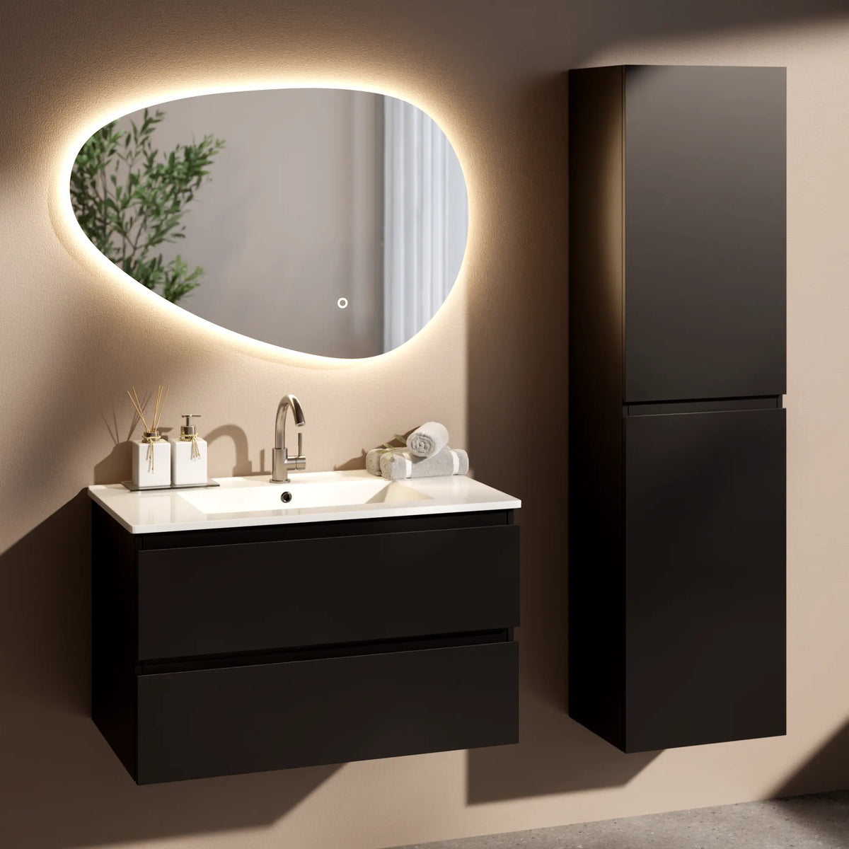 Badezimmermöbel Luma - 80 cm - Schwarz - Weißes Waschbecken