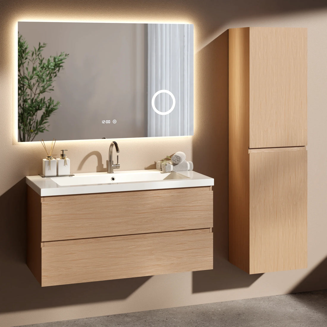 Badezimmermöbel Set Amara – 100 cm – Helle Eiche – Weißes Waschbecken