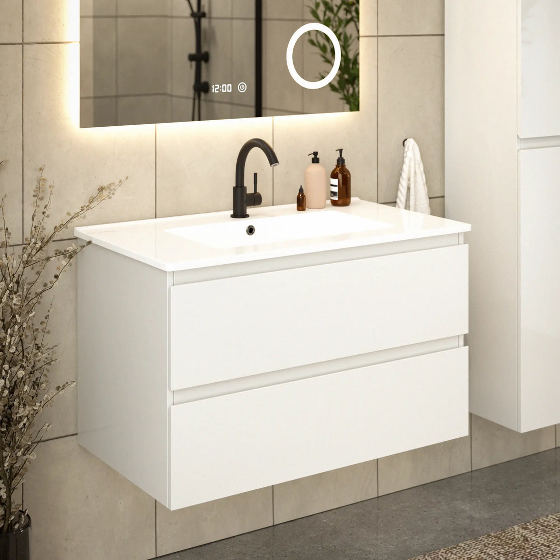 Badezimmermöbel Luma - 80 cm - Weiß - Weißes Waschbecken