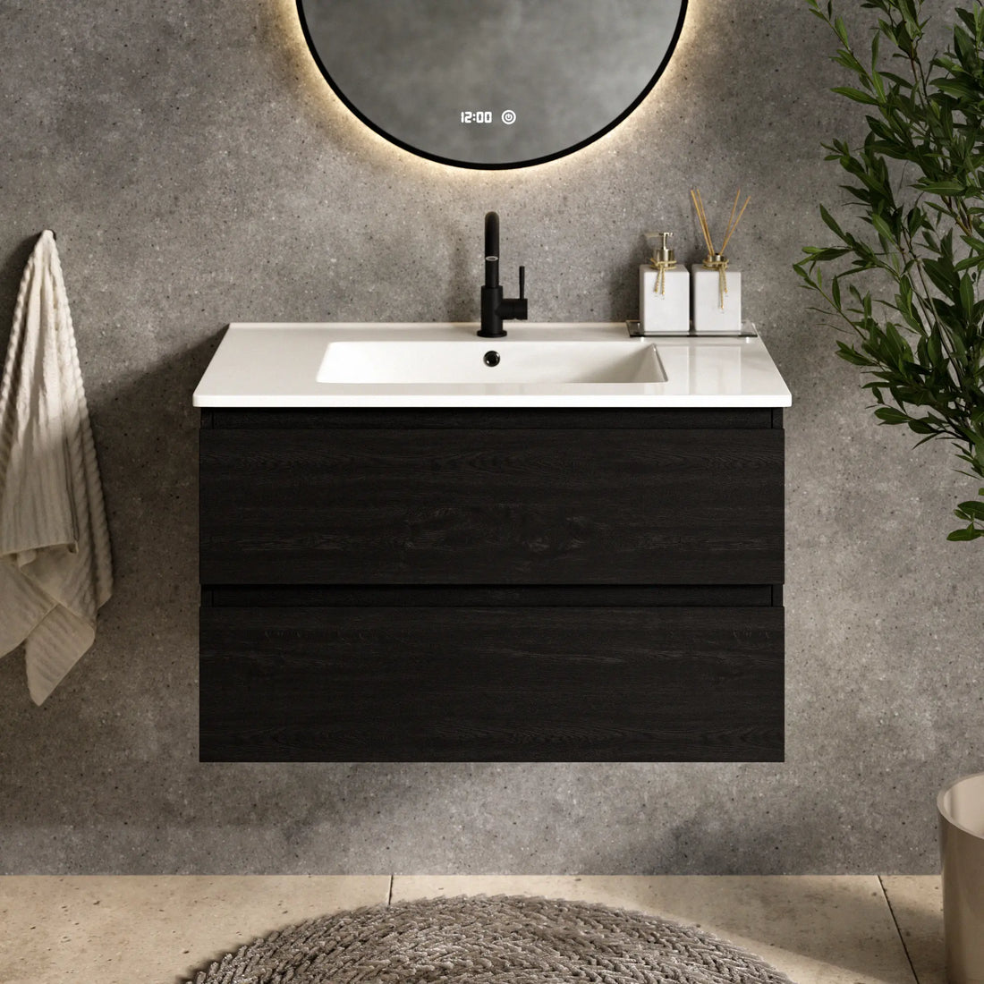 Badezimmermöbel Luma - 80 cm - Schwarz Eiche - Weißes Waschbecken