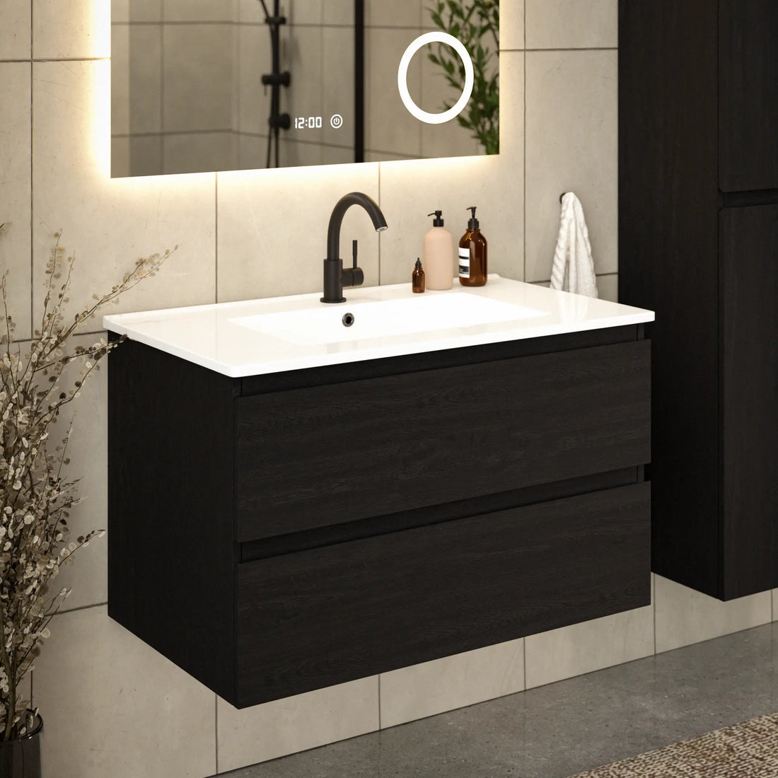 Badezimmermöbel Luma - 80 cm - Schwarz Eiche - Weißes Waschbecken