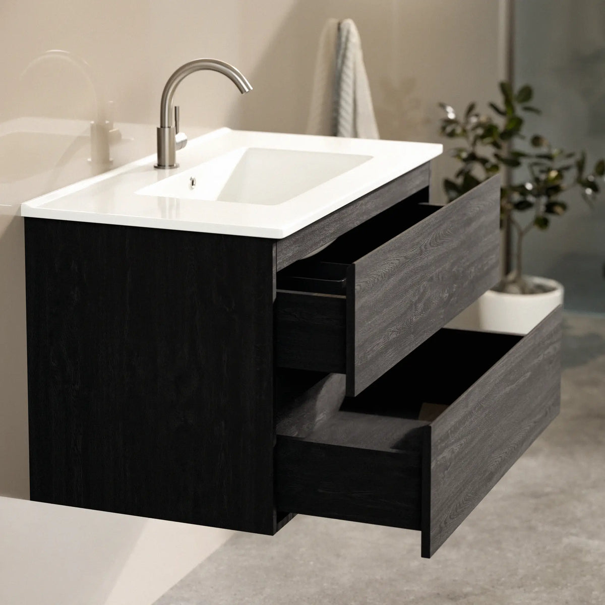 Badezimmermöbel Luma - 80 cm - Schwarz Eiche - Weißes Waschbecken