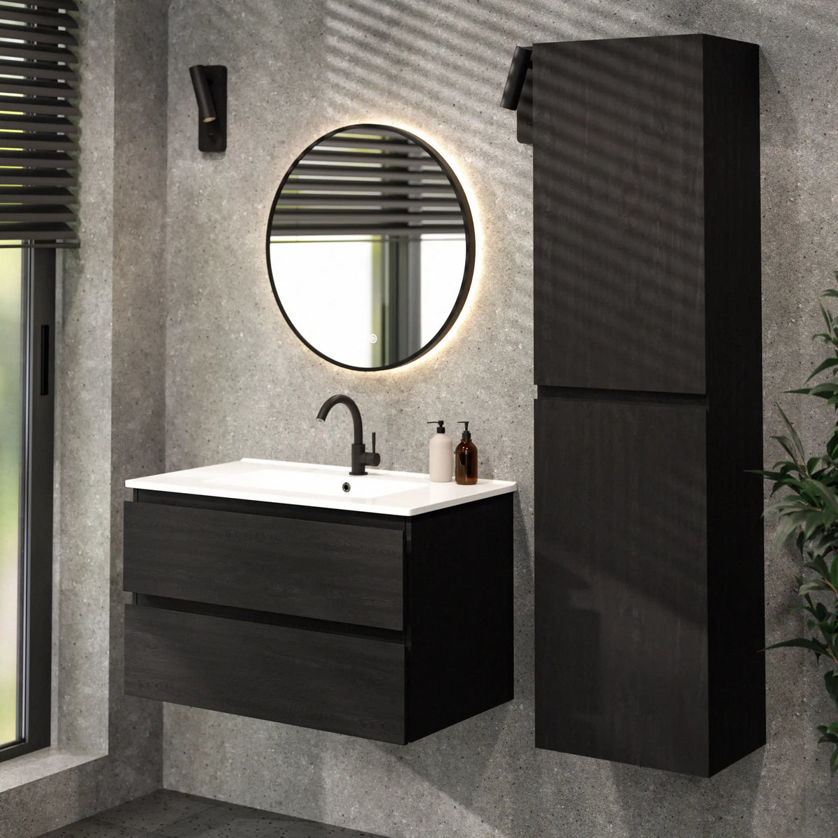 Badezimmermöbel Luma - 80 cm - Schwarz Eiche - Weißes Waschbecken