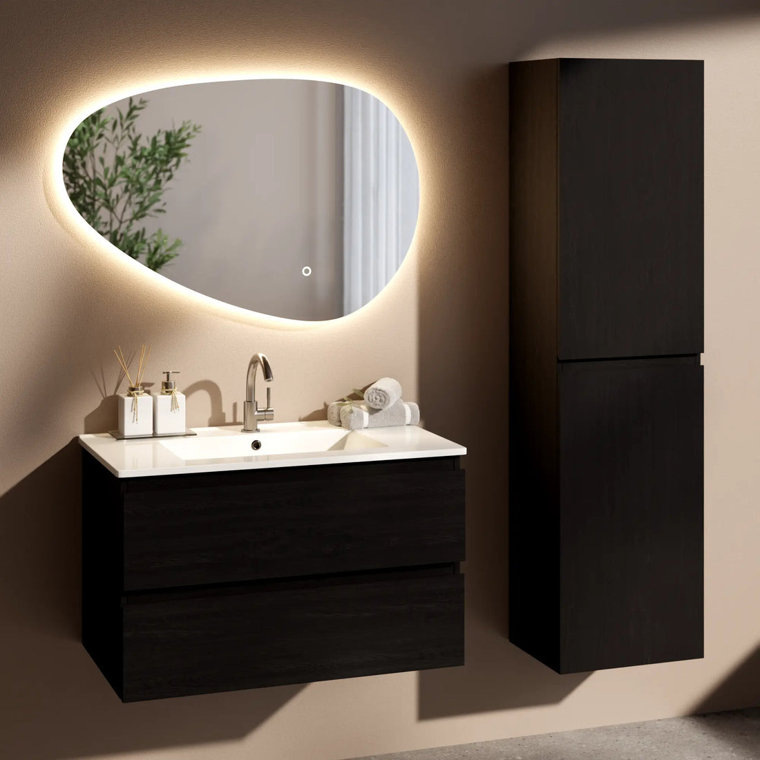 Badezimmermöbel Luma - 80 cm - Schwarz Eiche - Weißes Waschbecken
