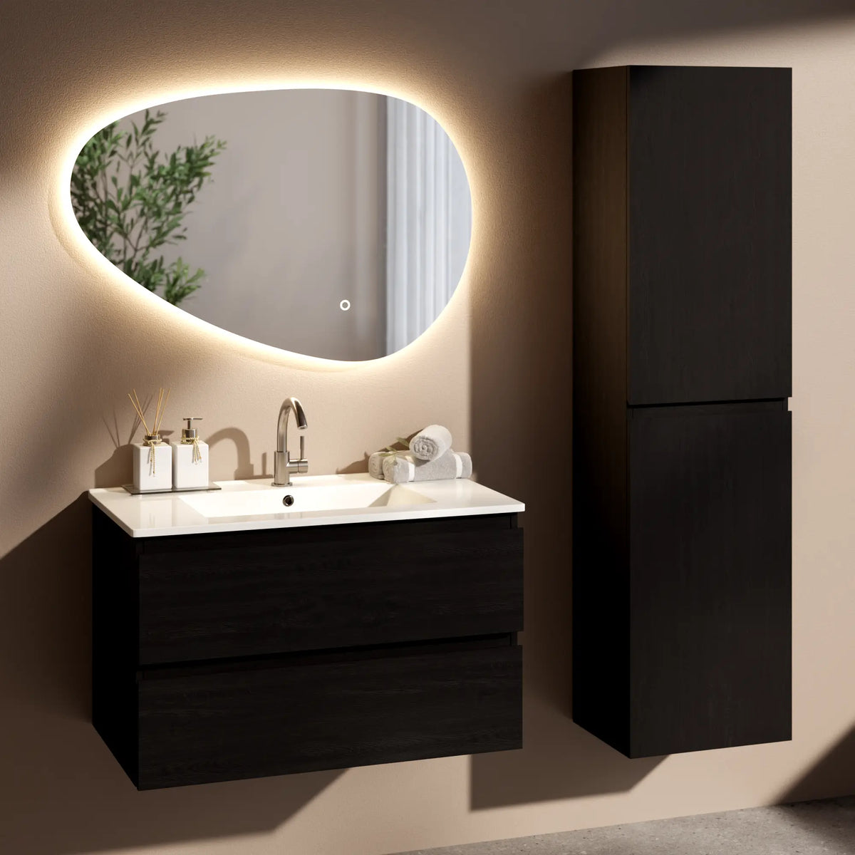 Badezimmermöbel Luma - 80 cm - Schwarz Eiche - Weißes Waschbecken