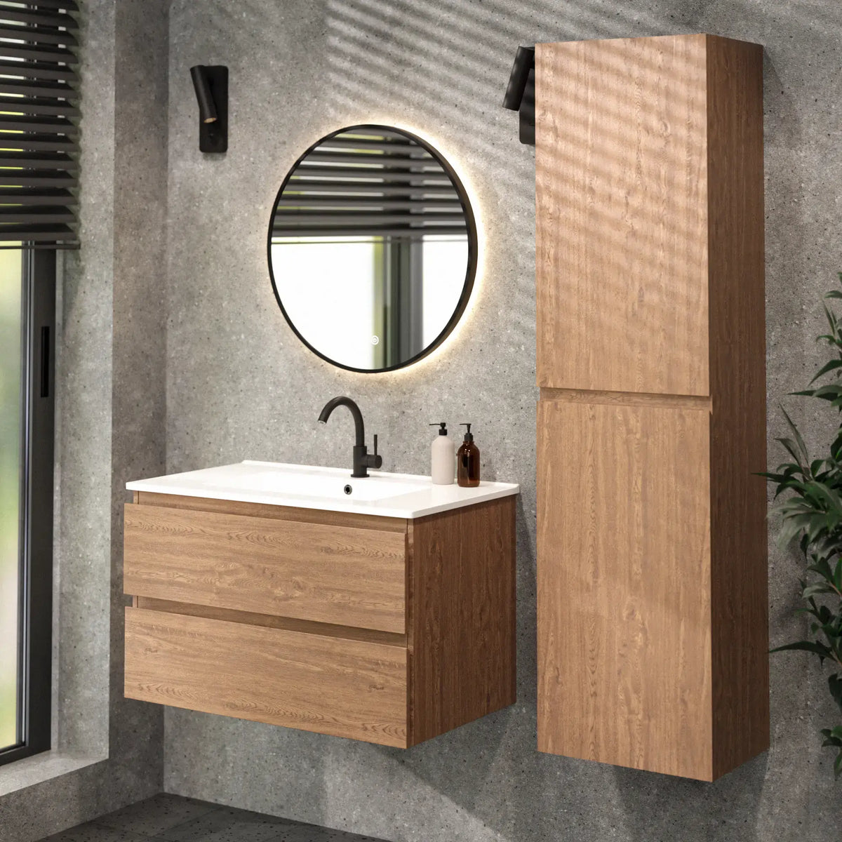 Badezimmermöbel Luma - 80 cm - Warm Eiche - Weißes Waschbecken