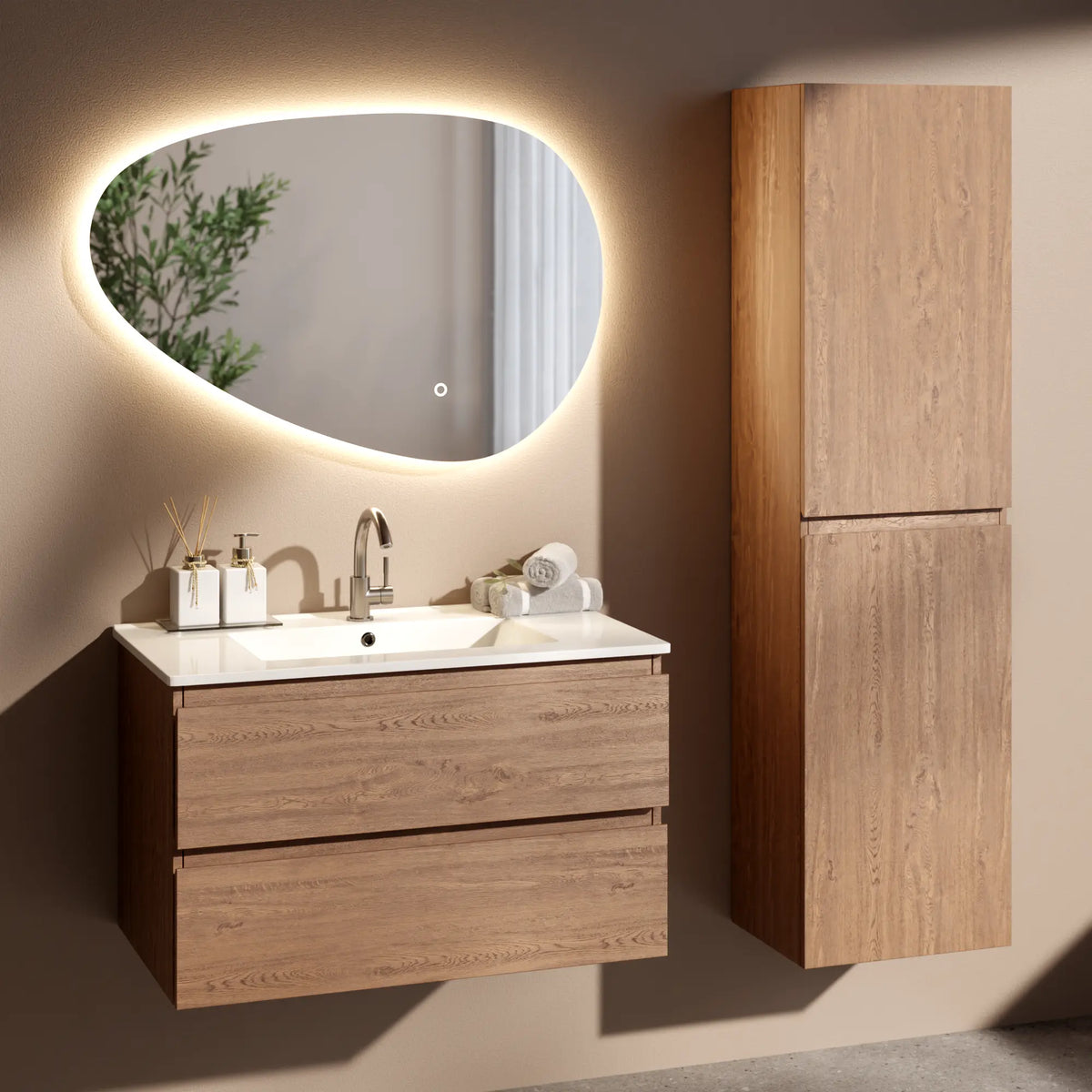 Badezimmermöbel Luma - 80 cm - Warm Eiche - Weißes Waschbecken