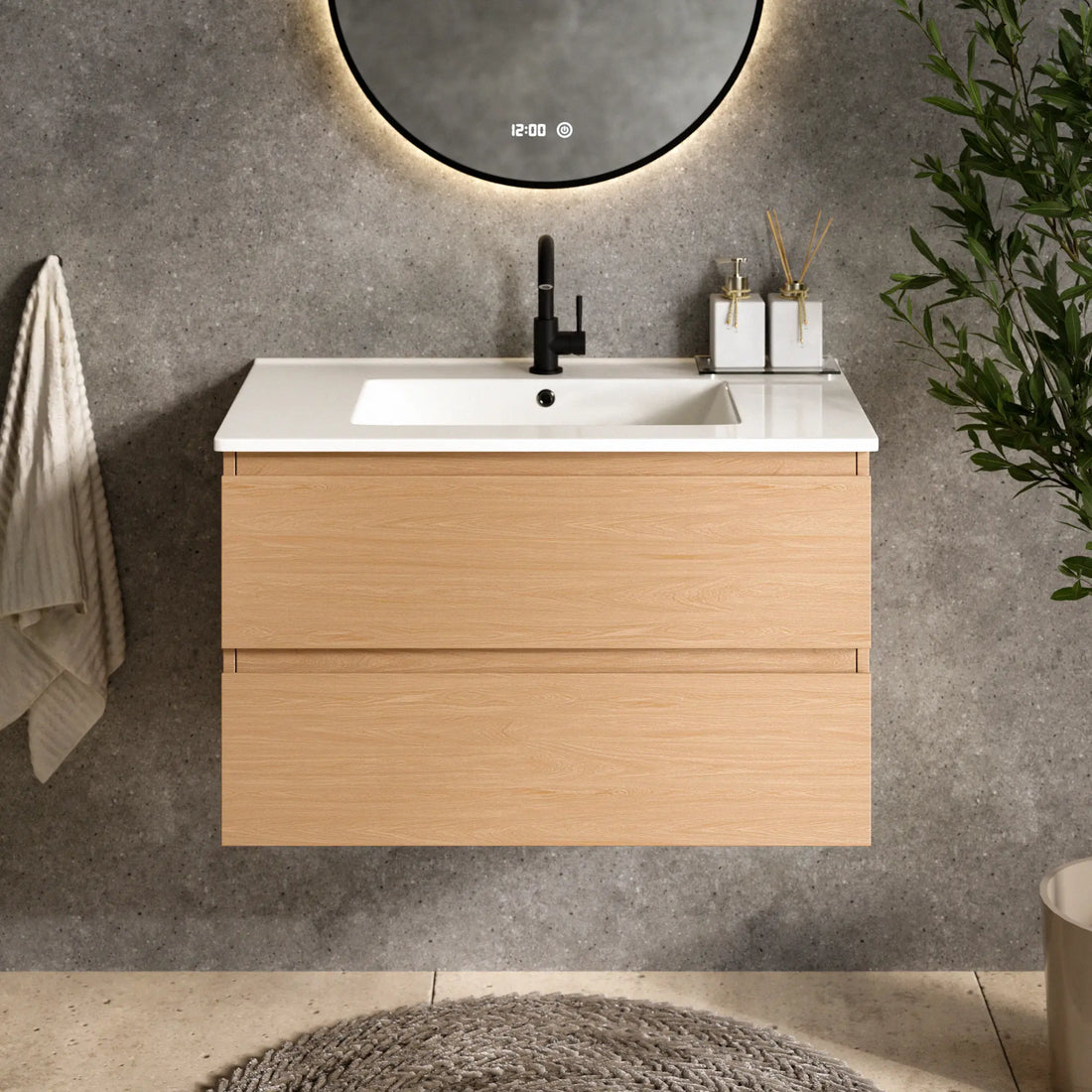 Badezimmermöbel Luma - 80 cm - Helle Eiche - Weißes Waschbecken