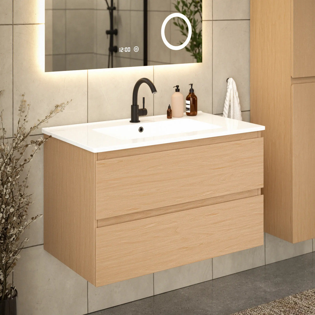 Badezimmermöbel Luma - 80 cm - Helle Eiche - Weißes Waschbecken