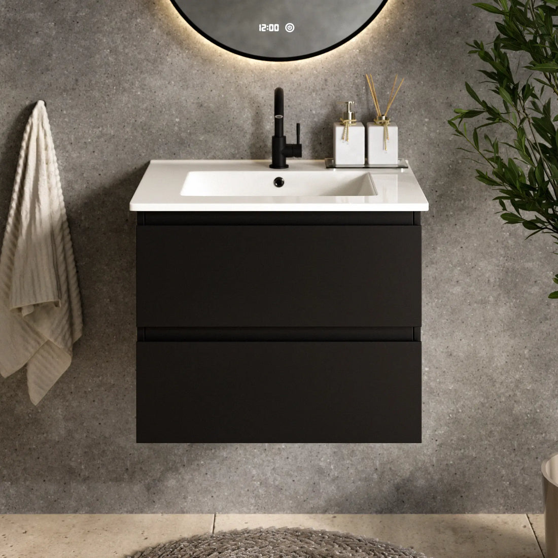 Badezimmermöbel Norvi - 60 cm - Schwarz - Weißes Waschbecken