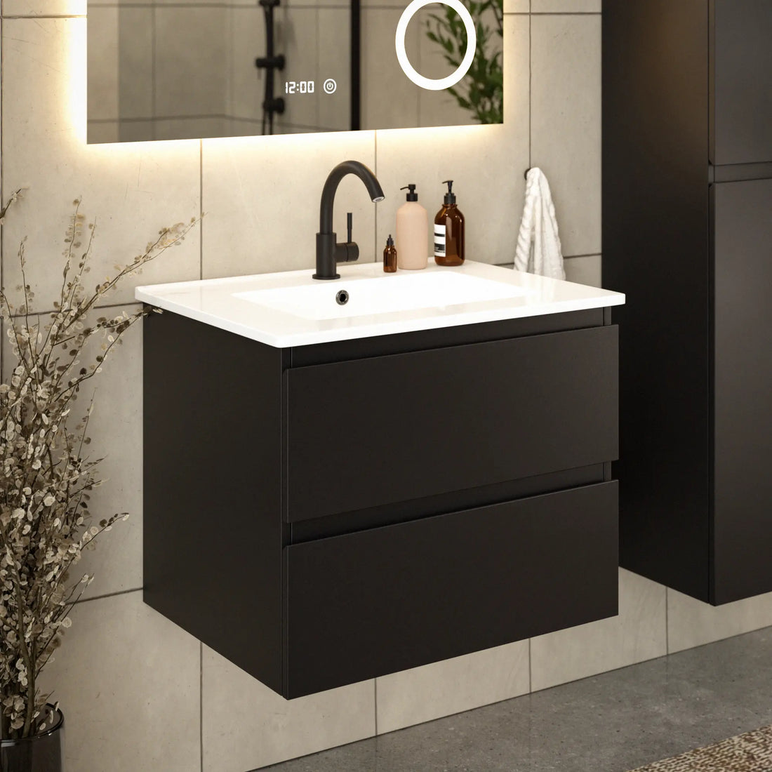 Badezimmermöbel Norvi - 60 cm - Schwarz - Weißes Waschbecken