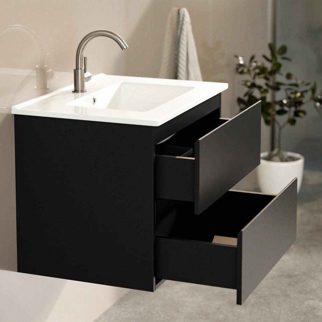 Badezimmermöbel Norvi - 60 cm - Schwarz - Weißes Waschbecken