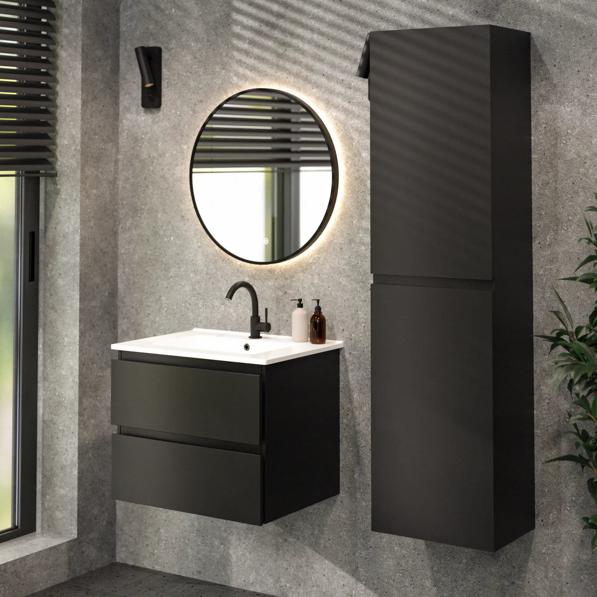 Badezimmermöbel Norvi - 60 cm - Schwarz - Weißes Waschbecken