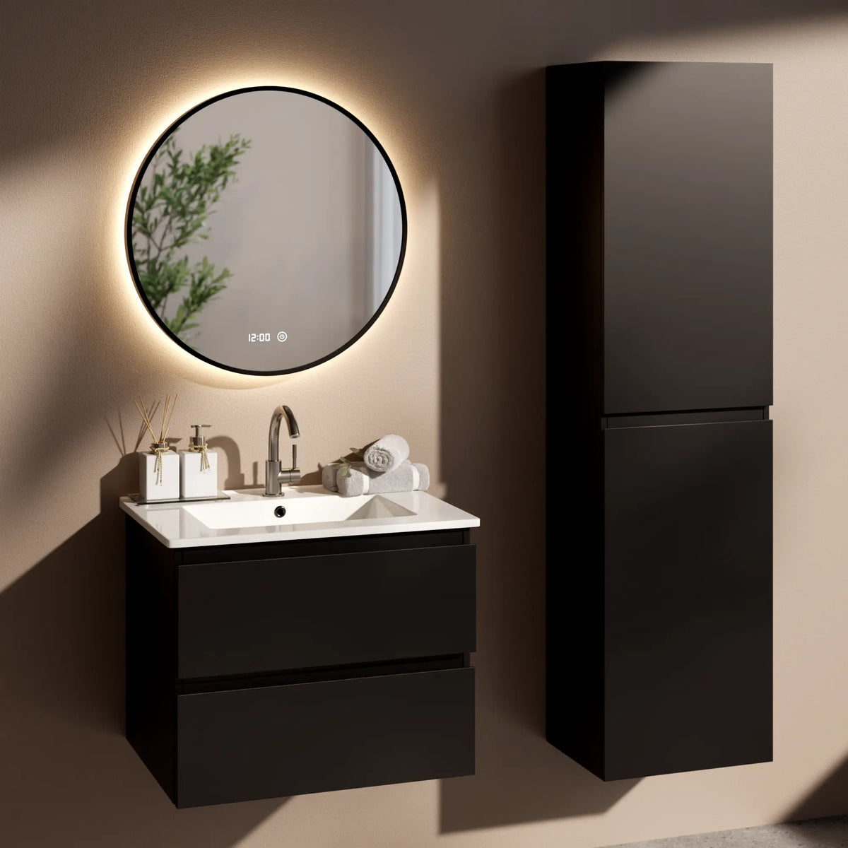 Badezimmermöbel Norvi - 60 cm - Schwarz - Weißes Waschbecken