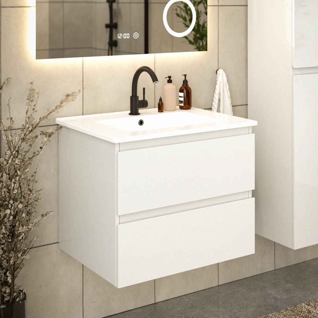 Badezimmermöbel Norvi - 60 cm - Weiß - Weißes Waschbecken