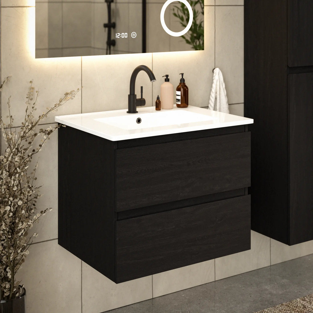 Badezimmermöbel Norvi - 60 cm - Schwarz Eiche - Weißes Waschbecken