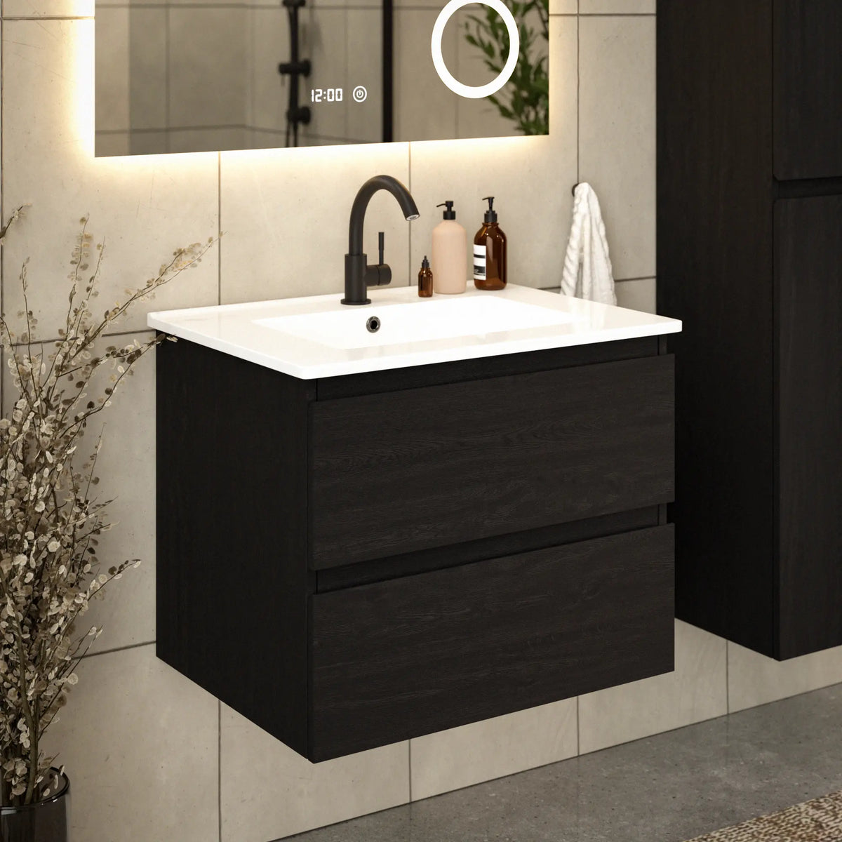 Badezimmermöbel Norvi - 60 cm - Schwarz Eiche - Weißes Waschbecken