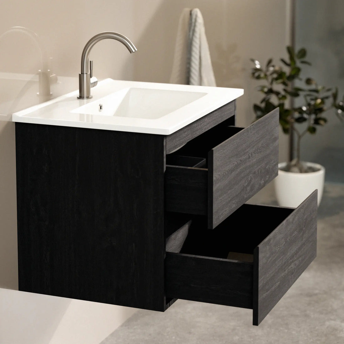 Badezimmermöbel Norvi - 60 cm - Schwarz Eiche - Weißes Waschbecken
