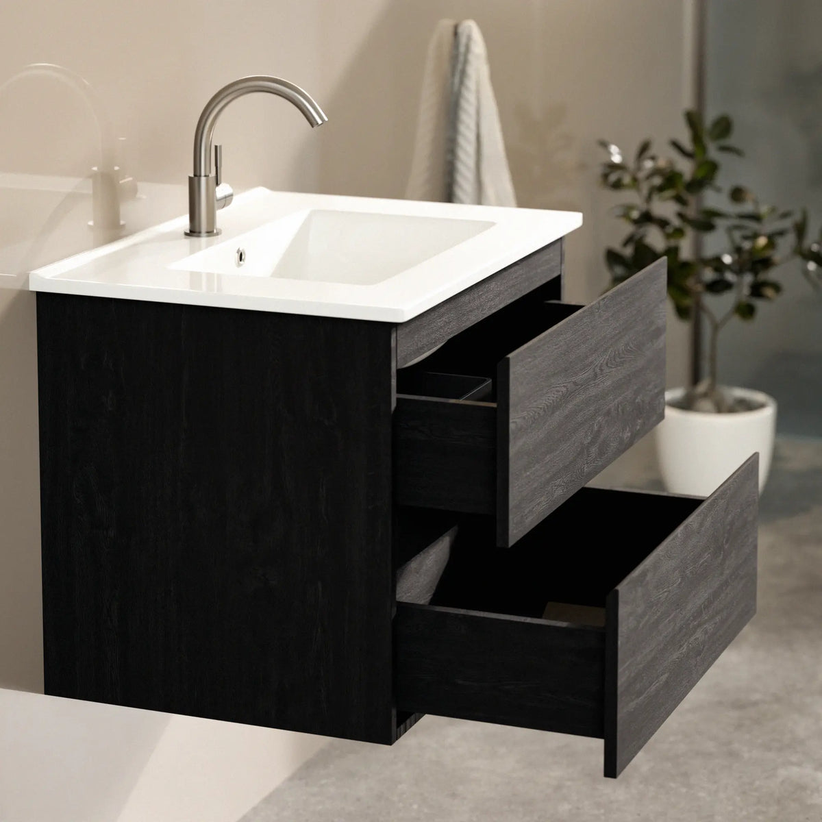 Badezimmermöbel Norvi - 60 cm - Schwarz Eiche - Weißes Waschbecken