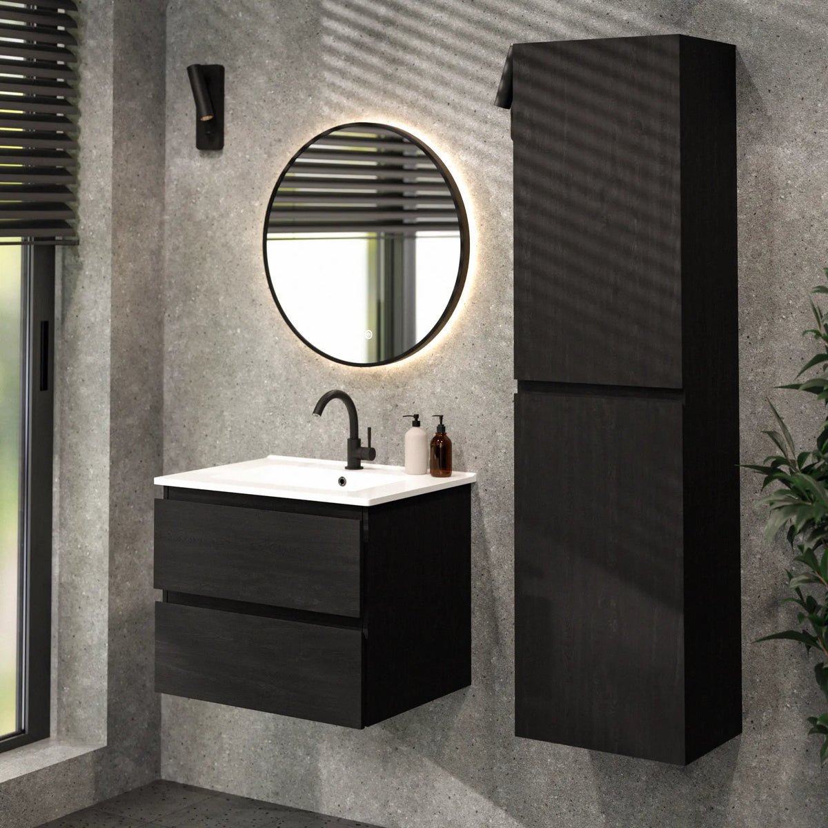 Badezimmermöbel Norvi - 60 cm - Schwarz Eiche - Weißes Waschbecken