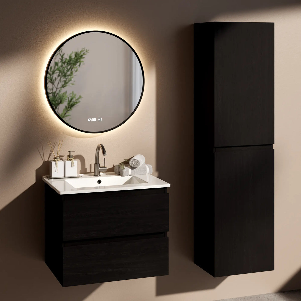 Badezimmermöbel Norvi - 60 cm - Schwarz Eiche - Weißes Waschbecken