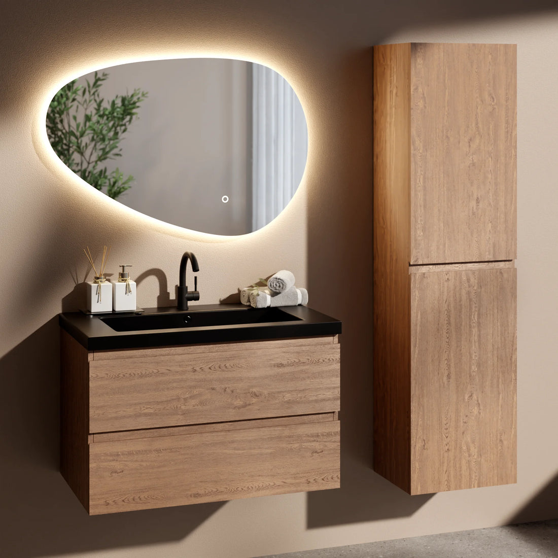 Badezimmermöbel Set Verona – 80 cm – Warme Eiche – Schwarzes Waschbecken
