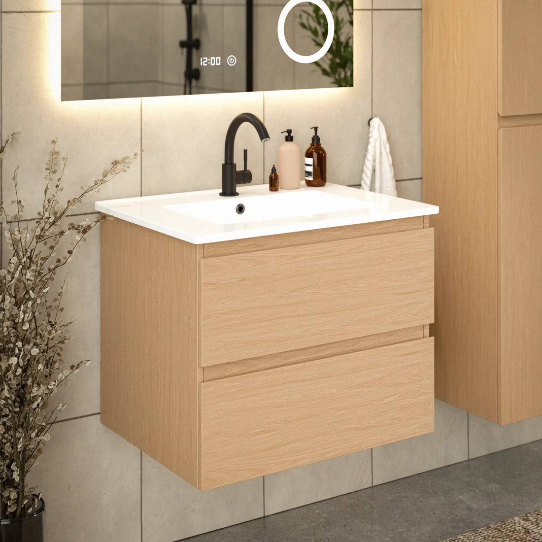 Badezimmermöbel Norvi - 60 cm - Helle Eiche - Weißes Waschbecken