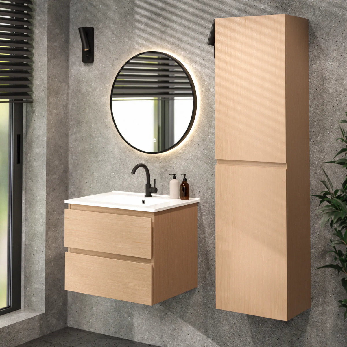 Badezimmermöbel Norvi - 60 cm - Helle Eiche - Weißes Waschbecken