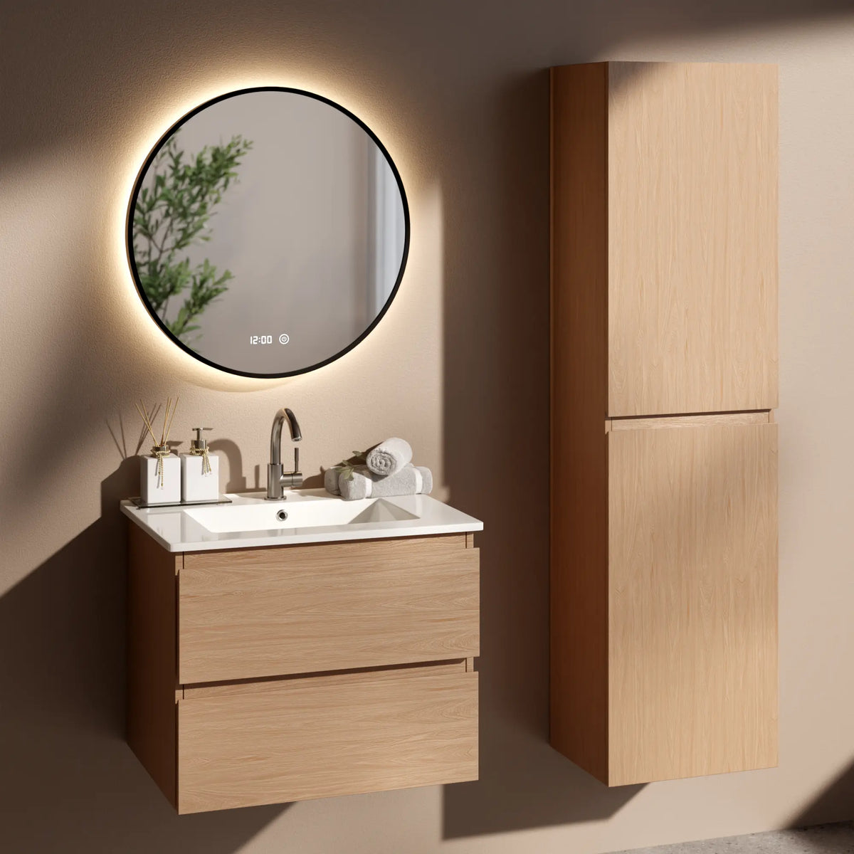Badezimmermöbel Norvi - 60 cm - Helle Eiche - Weißes Waschbecken