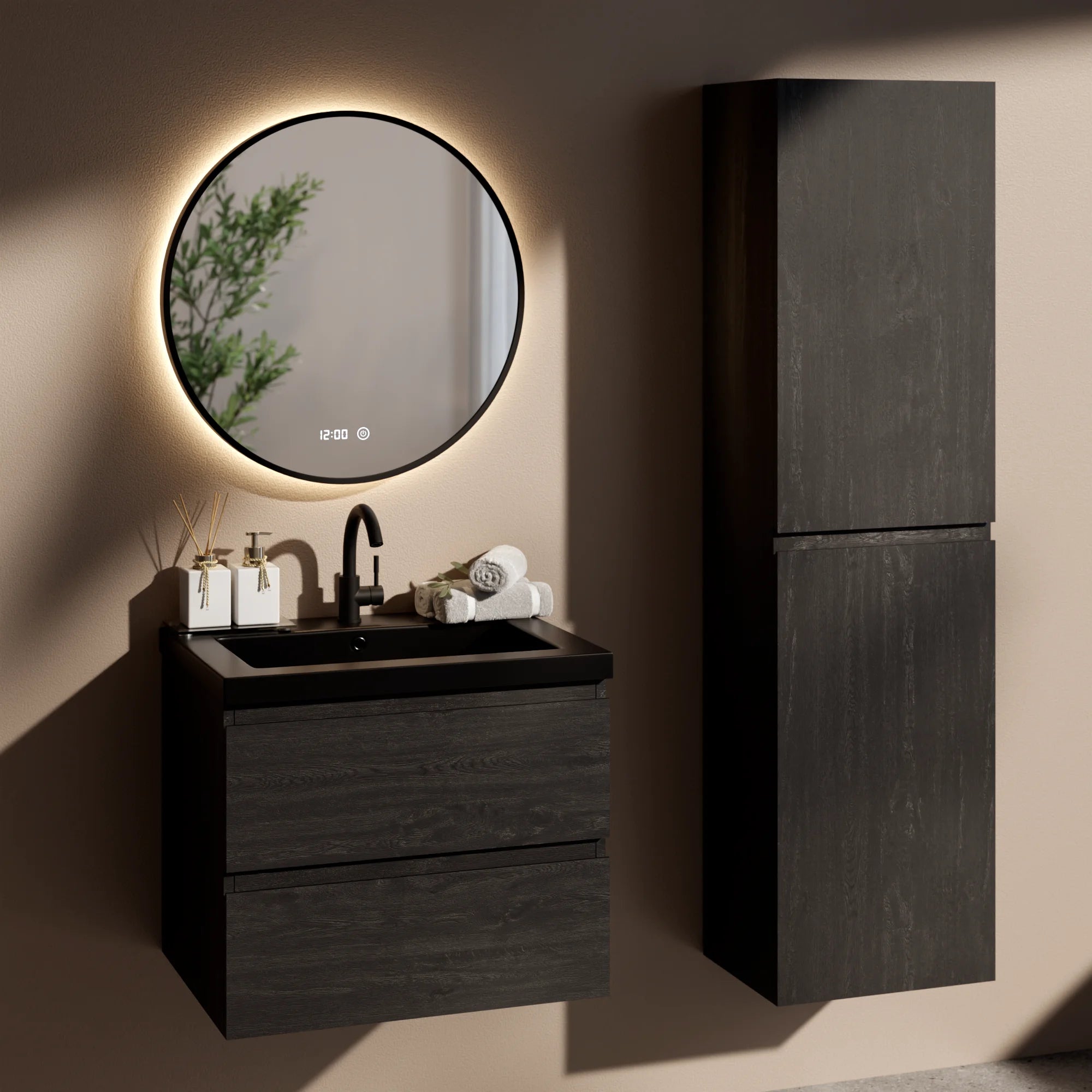 Badezimmermöbel Set Imperial – 60 cm – Schwarze Eiche – Weißes Waschbecken