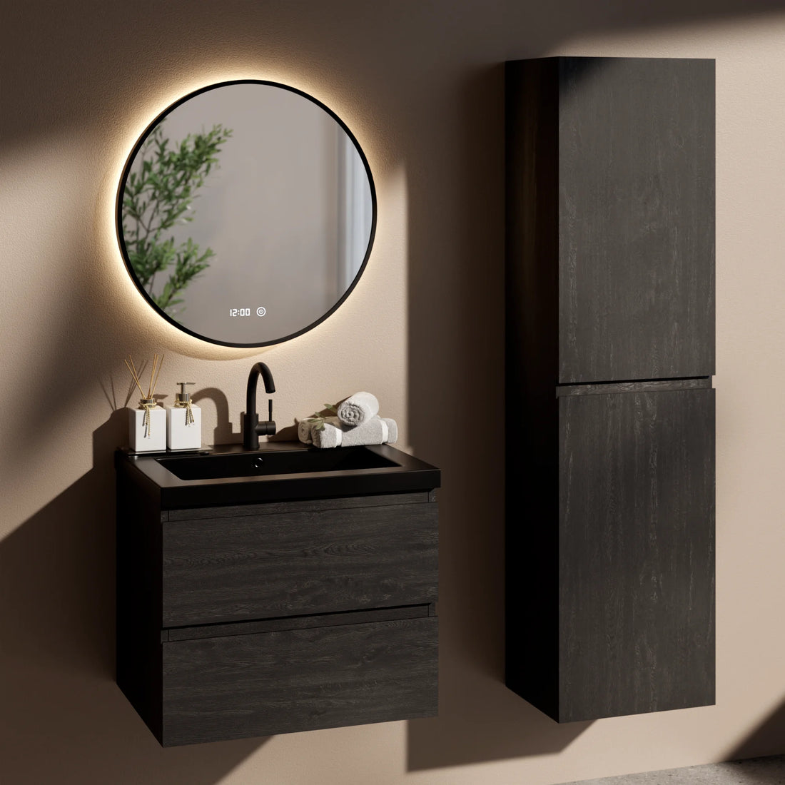 Badezimmermöbel Set Imperial – 60 cm – Schwarze Eiche – Weißes Waschbecken