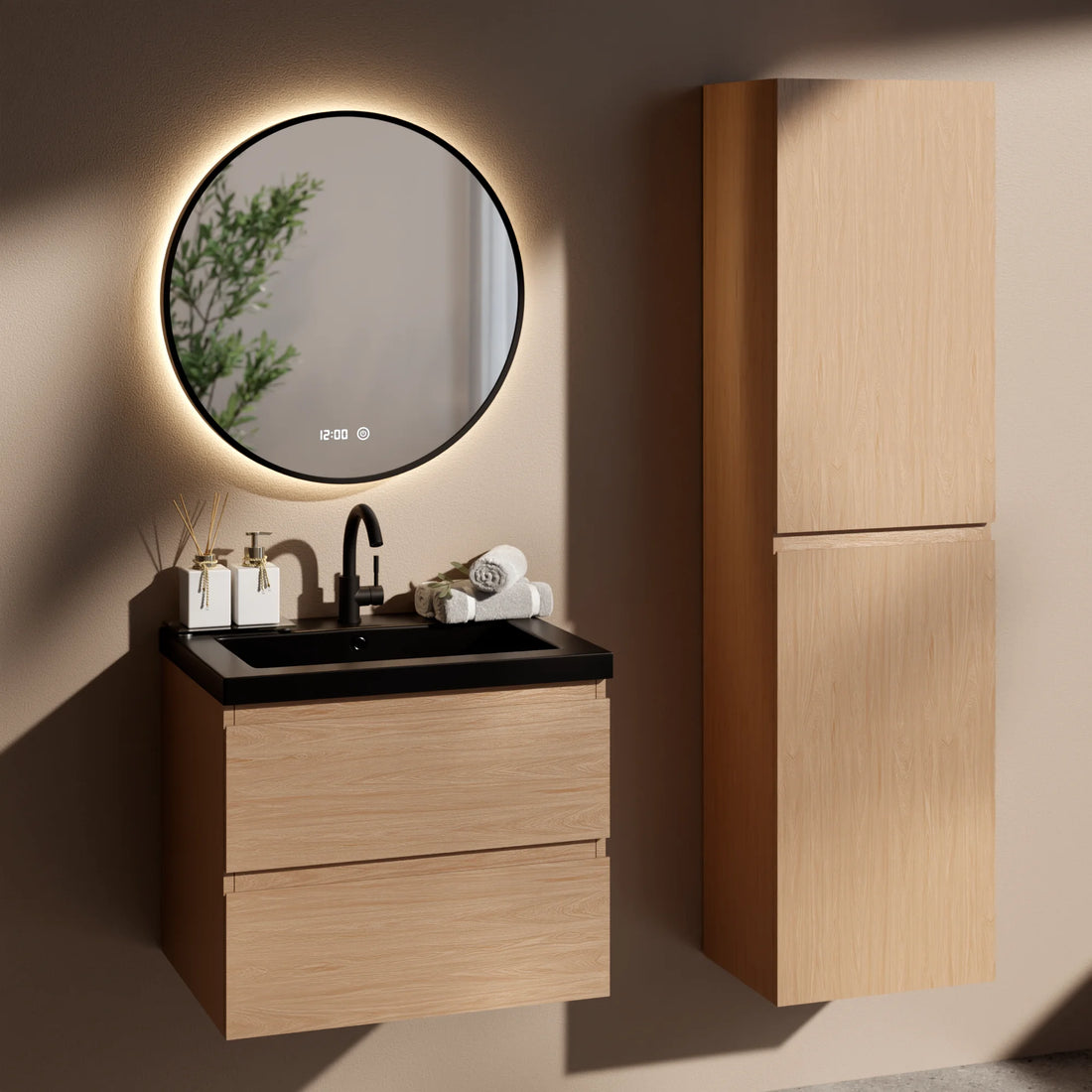 Badezimmermöbel Set Monaco – 60 cm – Helle Eiche – Schwarzes Waschbecken