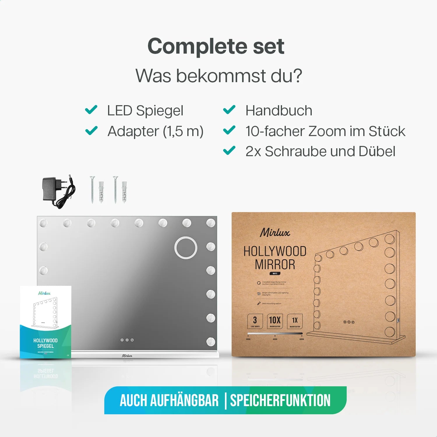 Hollywood Spiegel - Bluetooth-Lautsprecher - 80x60cm - Weiß