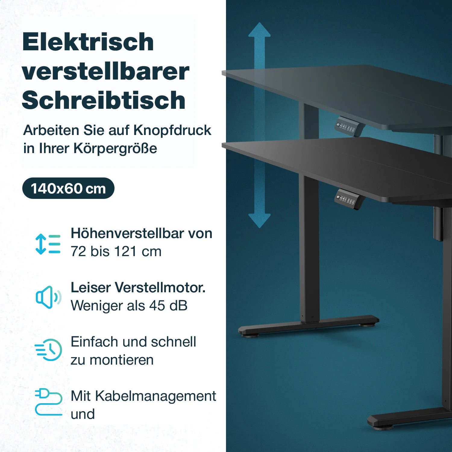 Flowsense Sitz-Steh-Schreibtisch - Verstellbarer elektrischer Schreibtisch - 140 x 60 cm