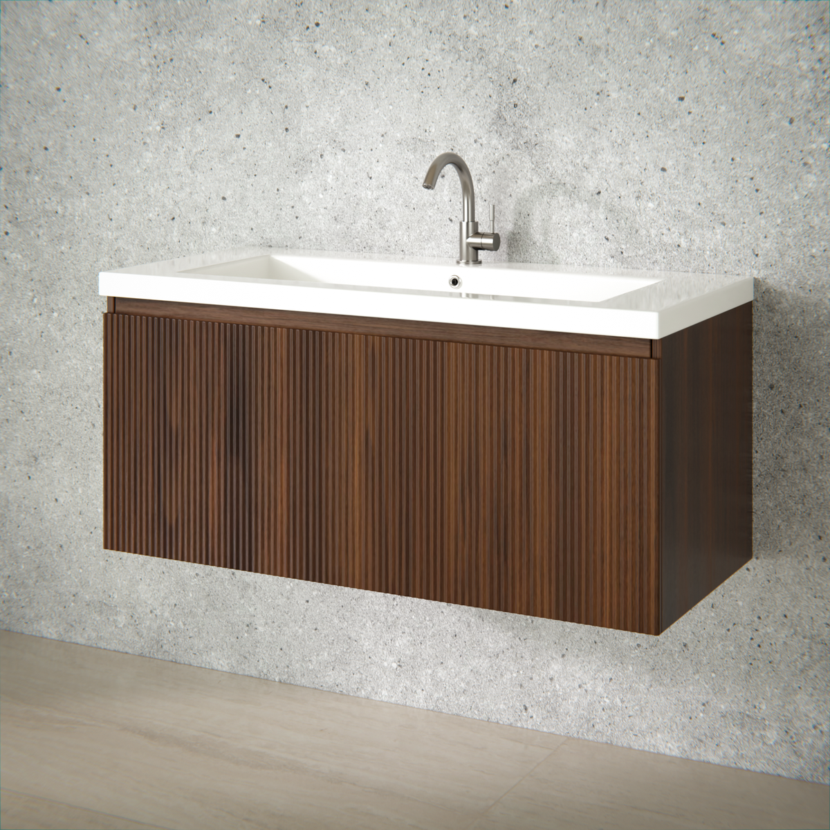 Badezimmermöbel Indy - 100 cm - Walnussbraun - Waschbecken Weiß