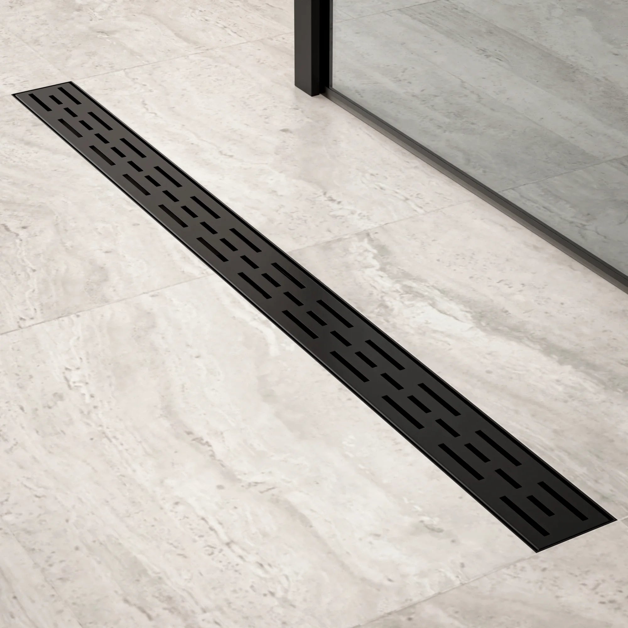 Duschrinne – 90 cm – Mattschwarz – Standardrost – Edelstahl – mit Flansch