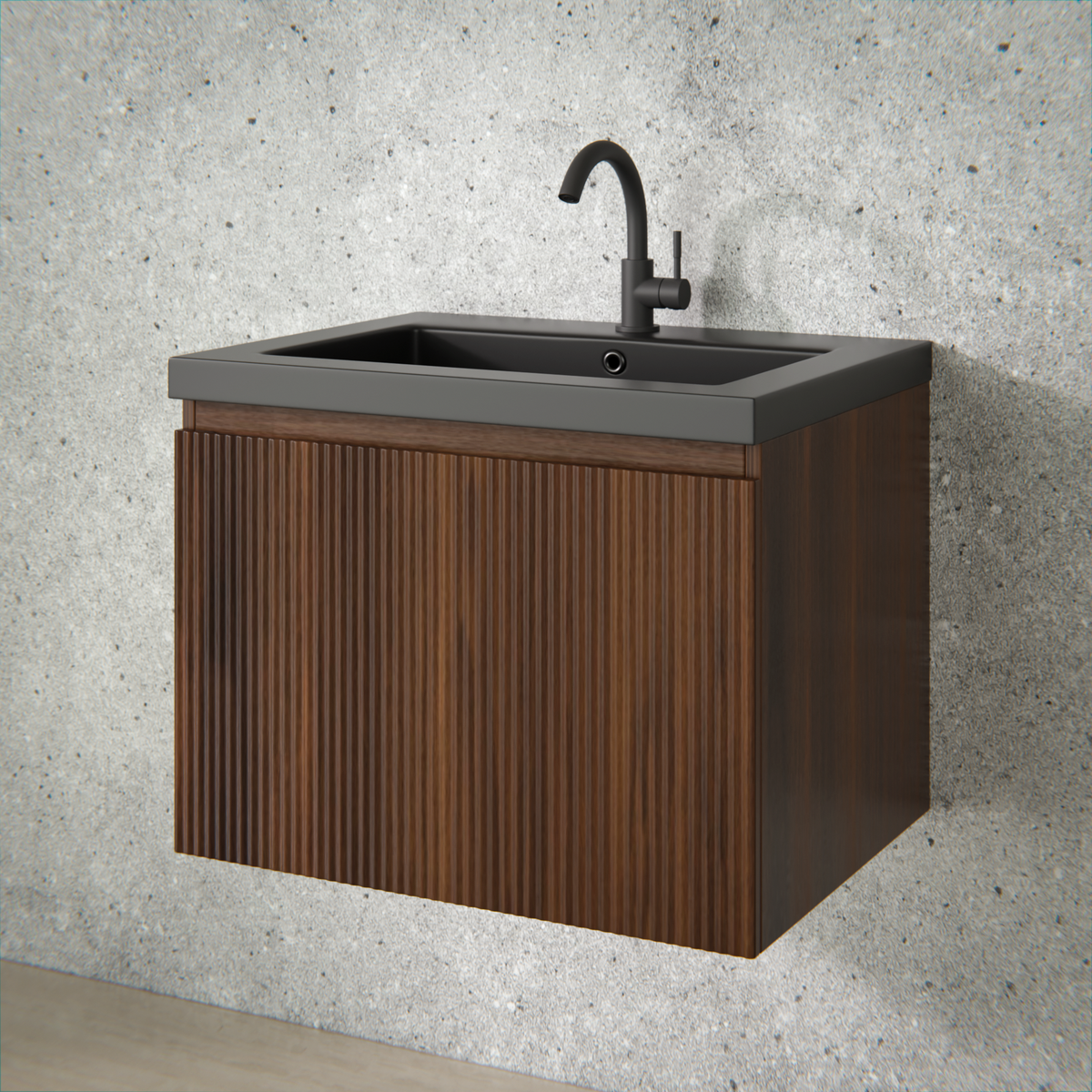 Badezimmermöbel Vino - 60 cm - Walnussbraun - Waschbecken Schwarz