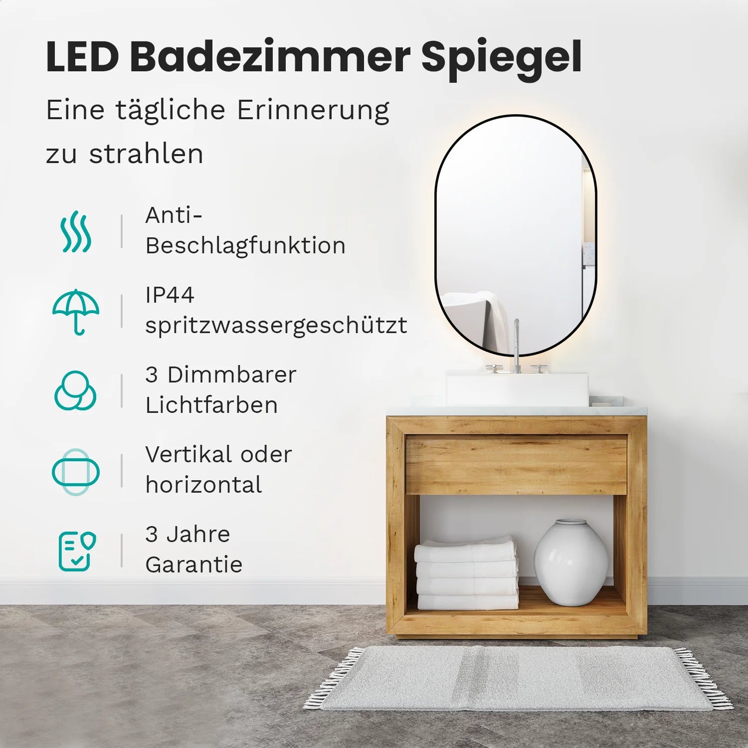 Badezimmerspiegel - 90x60cm - Schwarzer Rahmen - Oval