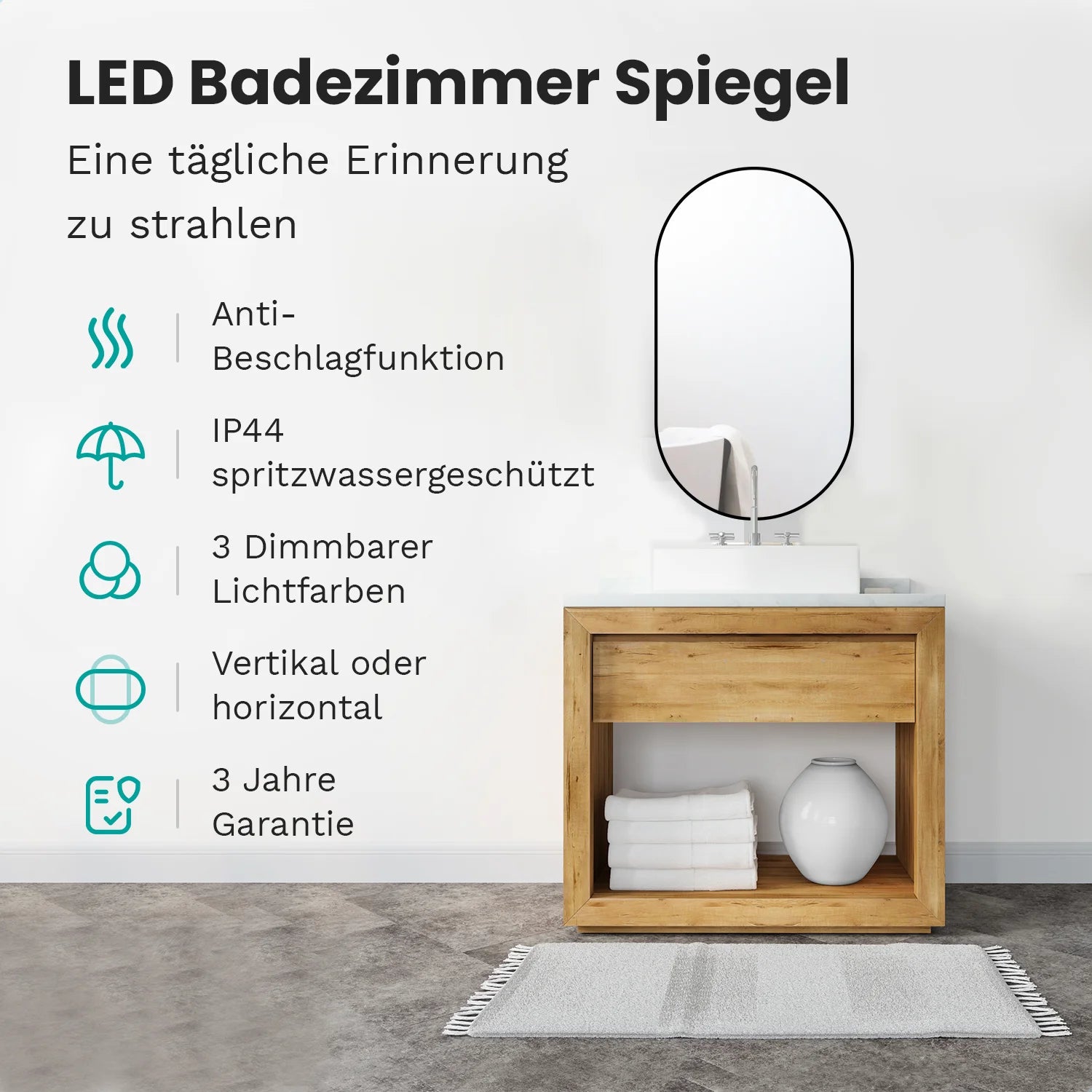 Badezimmerspiegel - 90x50cm - Schwarzer Rahmen - Oval